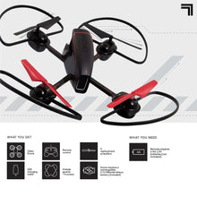 Black and red quadcopter drone with front camera module and four propellers