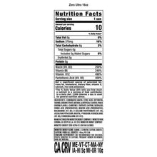Nutrition Facts label for Zero Ultra 16 fl oz, black text on white panel