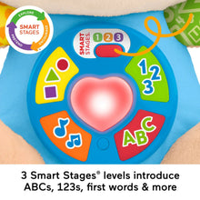 Blue plush puppy musical learning toy with light-up number and ABC buttons