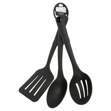 Black nylon utensil set with slotted spatula, slotted spoon, and solid spoon on card