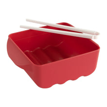 Red microwave ramen cooker tray with white chopsticks, empty serving bowl