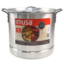 IMUSA 32qt aluminum steamer pot with domed lid and side handles, label on front