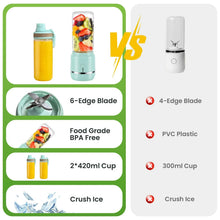Portable blender comparison panel with teal base, clear jar, and two cups
