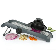 Adjustable chef’s mandoline slicer with black blade dial and safety handle