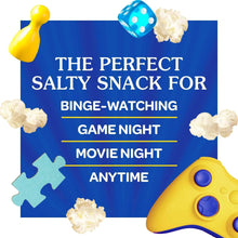 Microwave popcorn package with blue snack graphic and yellow popcorn-shaped icon