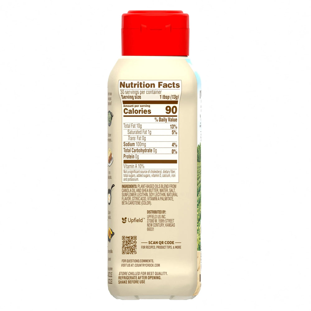 Country Crock drizzle & sizzle bottle with Nutrition Facts back label, red cap
