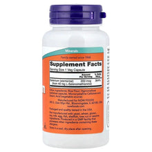NOW Foods Selenium 200 mcg supplement facts label on white bottle with purple cap.