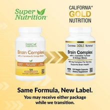 California Gold Nutrition Brain Complex bottles, front and side-by-side packaging