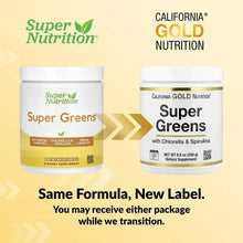 Super Greens supplement bottles, front labels with gold stripe, two-pack shown