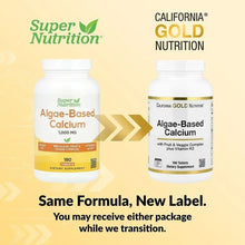 Algae-based calcium supplement bottles, new label transition, 180 tablets