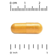 Turmeric curcumin phytosome veggie capsule, gold, shown with size scale