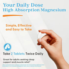 Hand holding a white tablet with daily dose instructions for high absorption magnesium