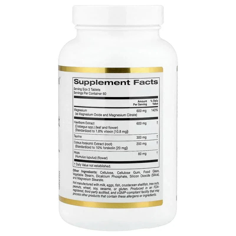 California Gold Nutrition, Magnesium & Hawthorn Extract Complex with Taurine, Coleus forskohlii Extract, and Hops, 180 Tablets