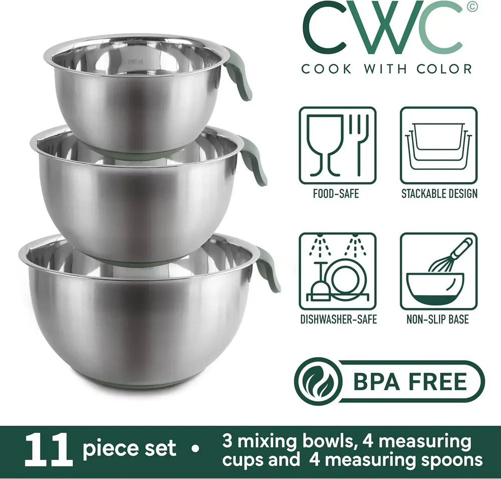 COOK WITH COLOR Stainless Steel Mixing Bowls Set and Measuring Cups- Nesting Bowls with Non-Slip Bottom and Easy-Grip Handles, 11 Pieces - USA MEGA SHOP