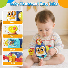 Montessori busy cube with duck face toy and colorful press, turn, slide, pull controls