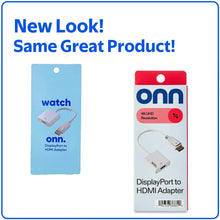 onn DisplayPort to HDMI adapter in retail packaging, two pack shots on card