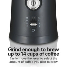 Black electric coffee grinder with lever and cup-capacity markings