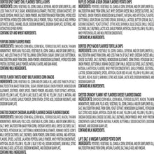 Snack chip variety pack ingredients label with allergen and flavor listing text