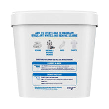 Laundry whitener powder tub with white lid and blue back label with laundry icons