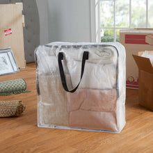 Transparent moving storage bag with zipper closure and two black carry straps
