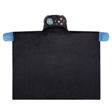 Black hooded throw blanket with gamer hood, green controller emblem, and blue cuffs