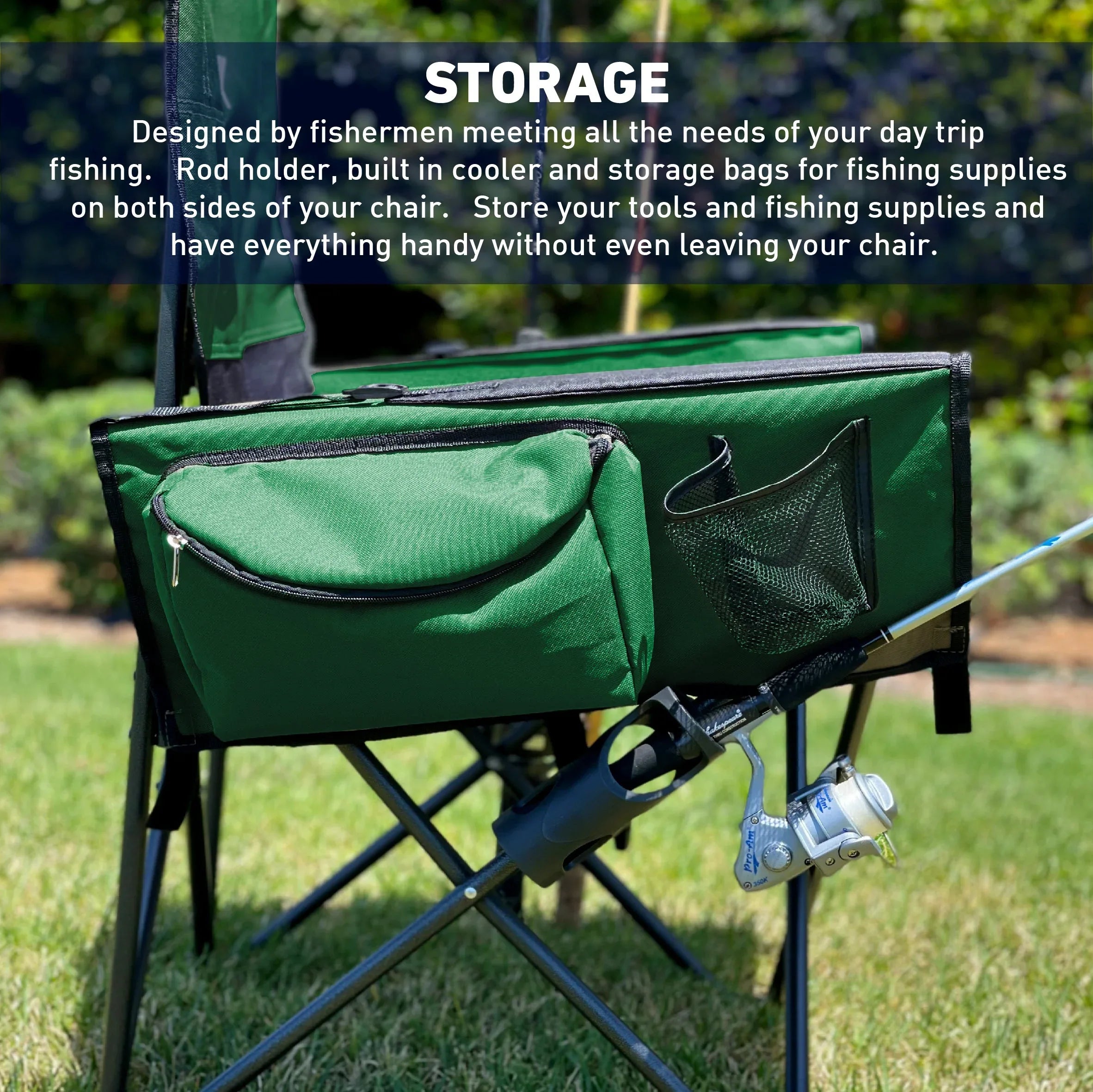 Fishing Chair with Rod Holder Built In Cooler Hands Free Fishing Pole Holder - Storage Pouch Storage Bag for Fishing Accessories Full Size Portable & Folding Ruler for Measuring Fish - USA MEGA SHOP