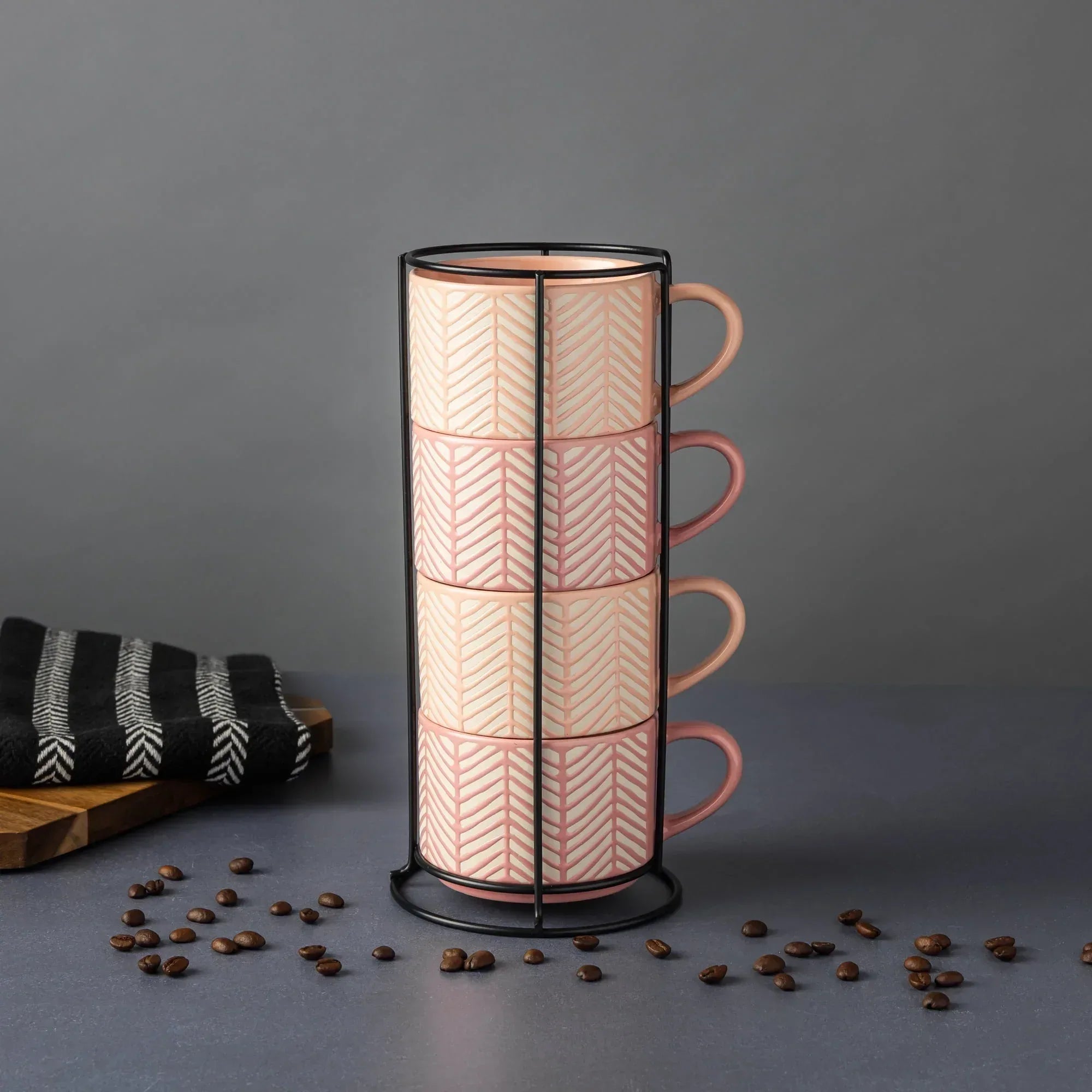 Thyme & Table 4 Pack Stacking Mugs, Pink and White Lines 11.1 fl oz, Stoneware