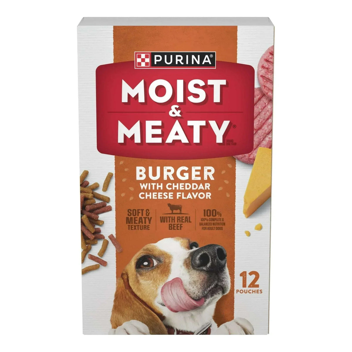 Purina Moist & Meaty Dry Dog Food, Soft Beef Burger with Cheddar Cheese, 6 oz Per Pouch