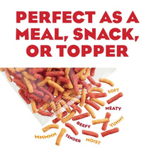 Dog food snack topper pieces graphic with red and brown meat treats