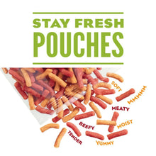 Dog food pouches promo with beef and cheddar burger text, red and green graphics