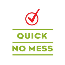 Dog food pouch label graphic reading QUICK NO MESS with red check mark