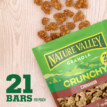 Crunchy cinnamon granola pouch showing “21 bars” per pouch