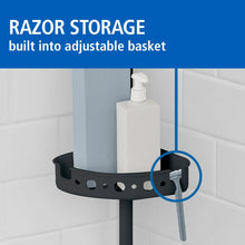 Black shower caddy shelf with razor storage cutouts and mounting slots