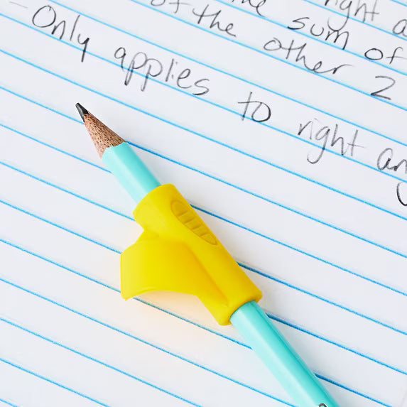 Silicone pencil grip in yellow and light blue with wood pencil tip