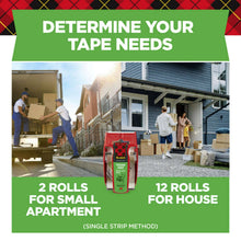 Moving packaging tape roll shown on graphic for tape needs, single strip method
