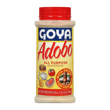 Goya Adobo all-purpose seasoning bottle with red cap, beige seasoning powder inside