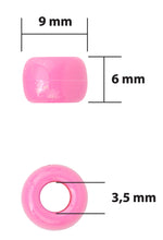 Plastic pony bead in pink with measurements: 9 mm, 6 mm, and 3.5 mm hole