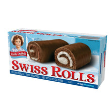 Swiss rolls snack cakes, twin-wrapped in blue Little Debbie carton