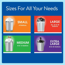 Drawstring bag size guide chart showing small to extra-large gallon ranges