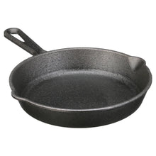 Pre-seasoned cast iron skillet with side handle and wide cooking surface, dark finish