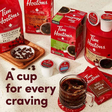 Tim Hortons coffee assortment featuring decaf ground coffee bags and pods