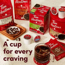 Keurig Tim Hortons coffee assortment with pods, cup and red product boxes