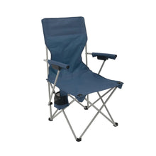 Blue folding camping chair with hard arms and cup holder, padded seat and back