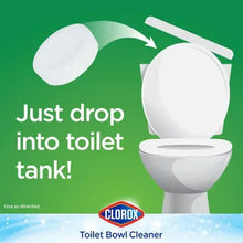 Toilet bowl cleaner tablets shown dropping into toilet tank with white tablets
