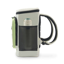 Beige soft cooler backpack with front zip pocket and adjustable shoulder strap, lime trim