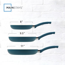 Three-piece frying pan set with teal nonstick exteriors, cream interiors, and different sizes.