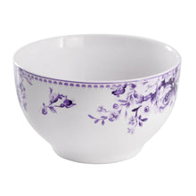 Porcelain bowl with white glaze and purple floral rose border along the rim