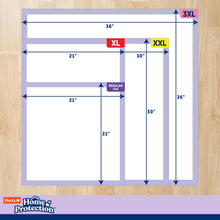 Dog pee pad size chart showing regular size plus XL, XXL, and 3XL