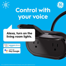 Black outdoor smart plug with attached cable, voice control compatible
