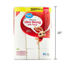 Toilet paper pack labeled 30 mega rolls with 20 in height indication